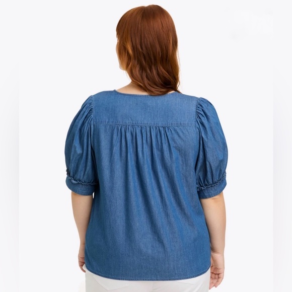 Draper James Heidi V-Neck Ruffle Sleeve Top in Chambray Size XL - Picture 2 of 6